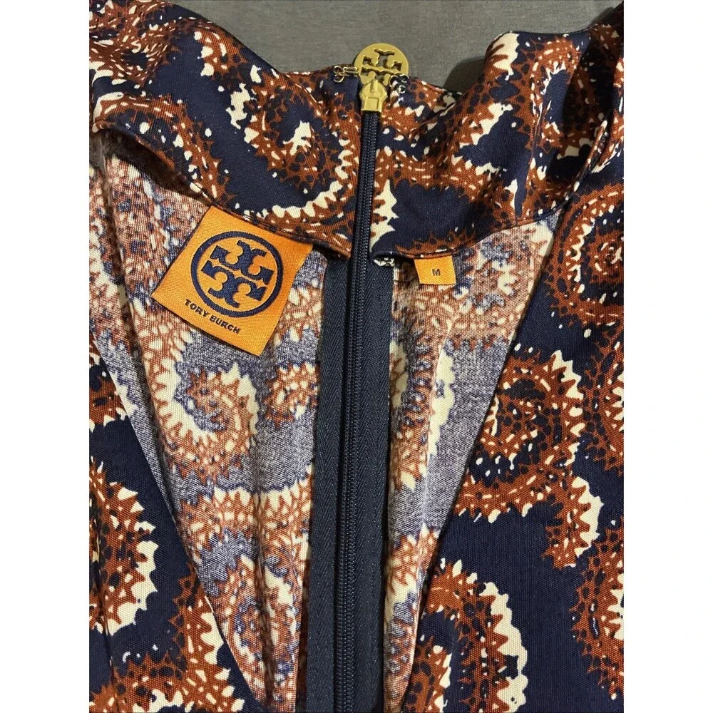 Tory Burch Rust Navy Paisley Silk Jersey Sleeveless Dress Zipper Medium
